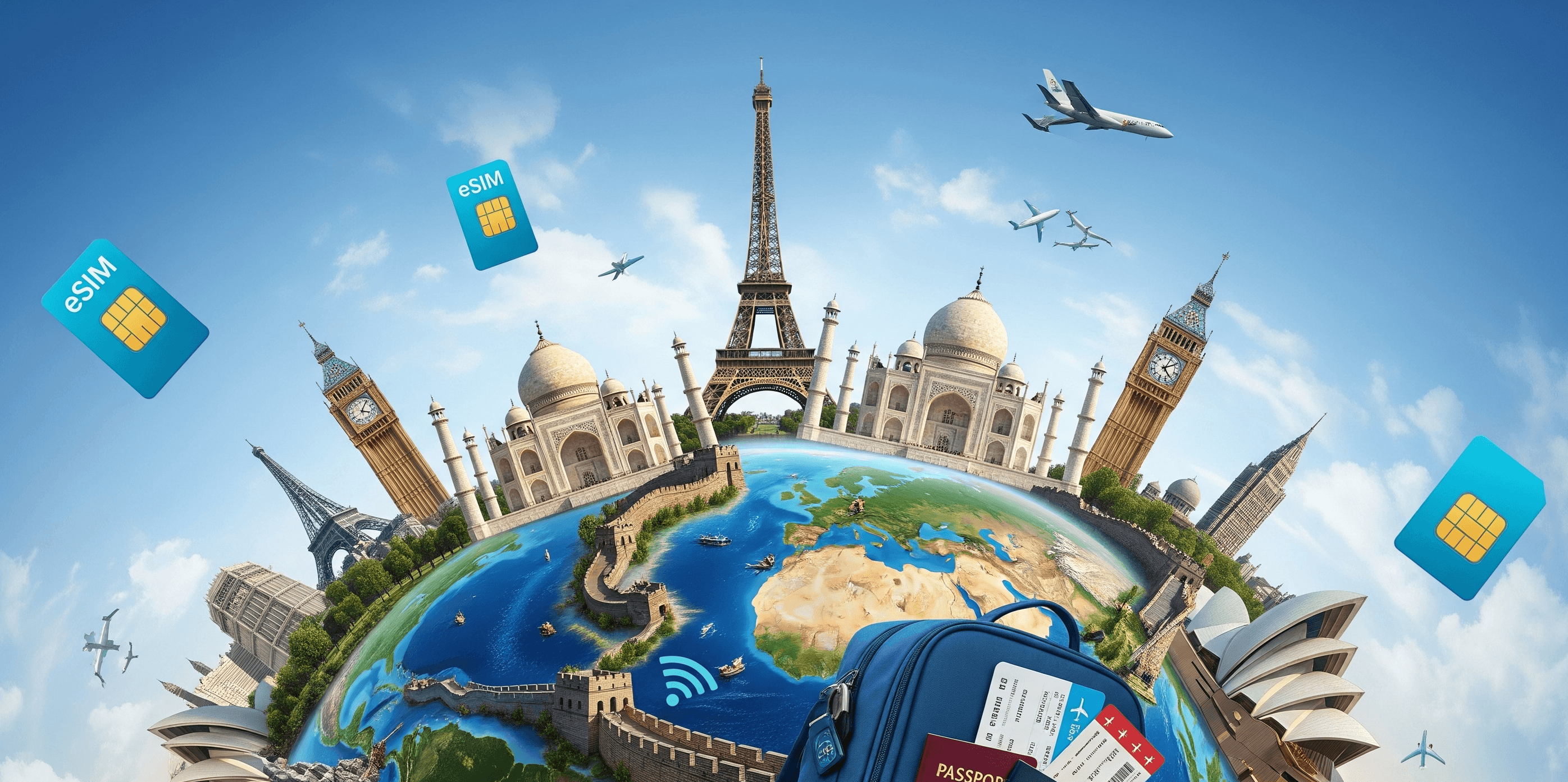 Collage of famous travel landmarks